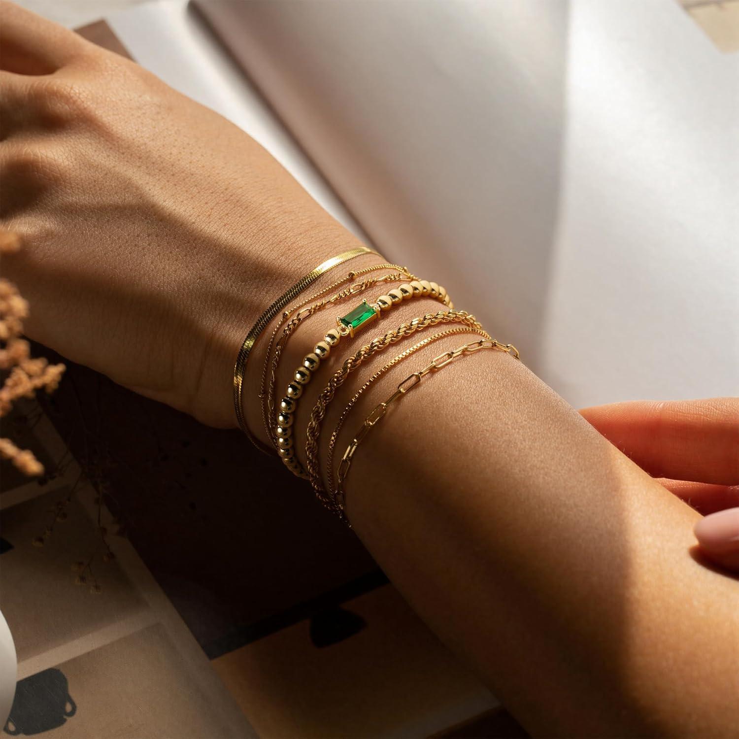 imageM MOOHAM Mothers Day Gifts Gold Birthstone Bracelets Stack for Women 14K Real Gold Plated Beaded Bracelets Rope Paperclip Chain Stackable Bracelet Non Tarnish Friendship Birthday Jewelry Gifts04AprilDiamond