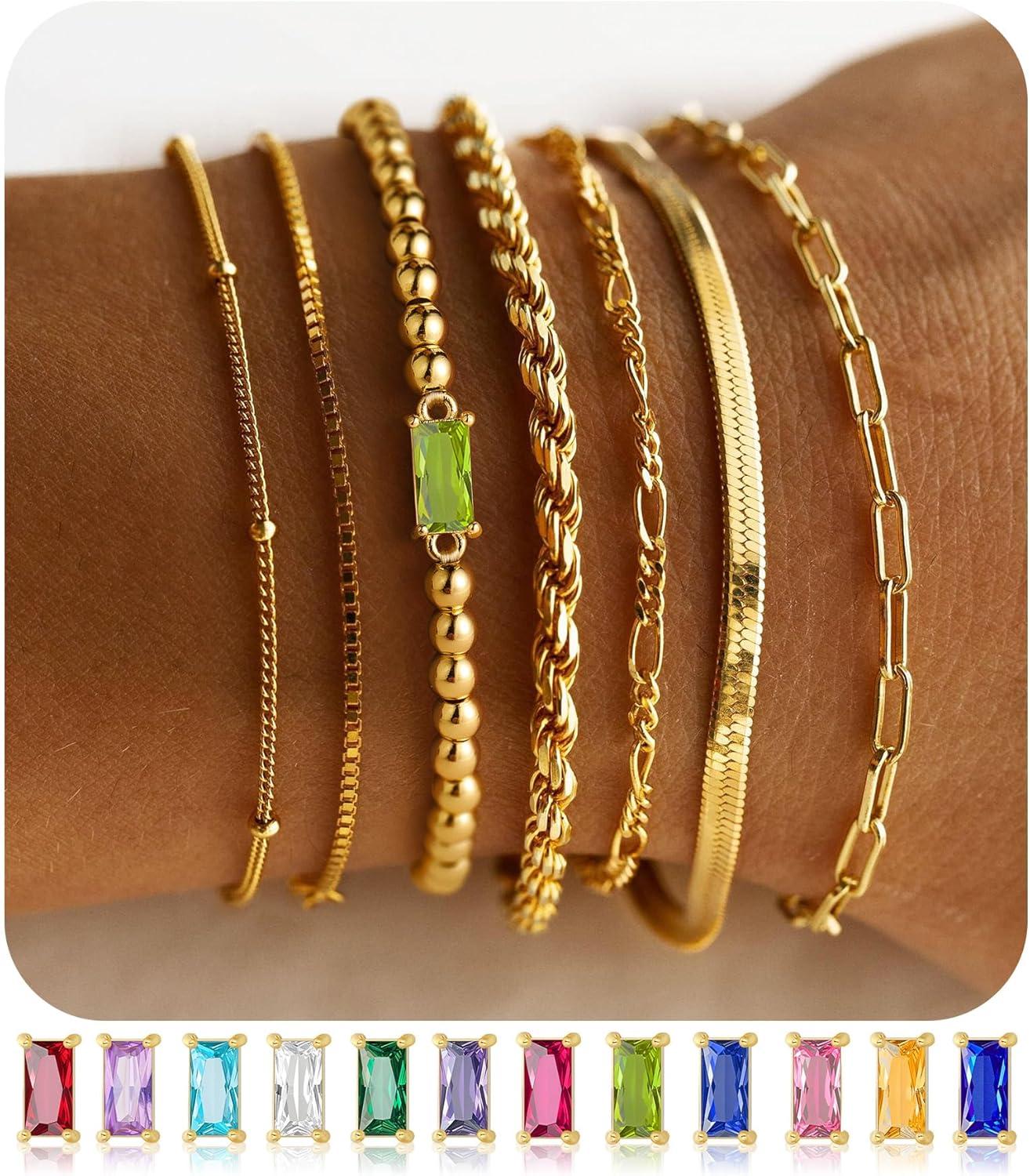 imageM MOOHAM Mothers Day Gifts Gold Birthstone Bracelets Stack for Women 14K Real Gold Plated Beaded Bracelets Rope Paperclip Chain Stackable Bracelet Non Tarnish Friendship Birthday Jewelry Gifts08AugustPeridot