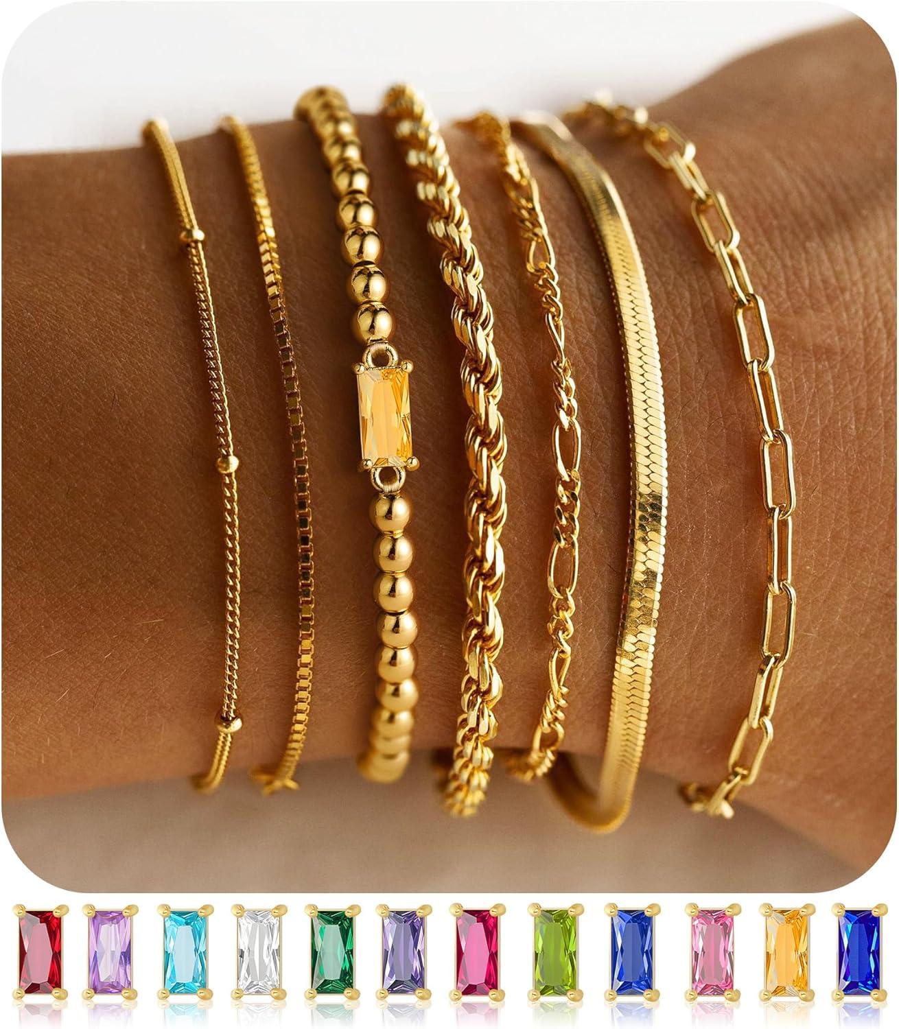 imageM MOOHAM Mothers Day Gifts Gold Birthstone Bracelets Stack for Women 14K Real Gold Plated Beaded Bracelets Rope Paperclip Chain Stackable Bracelet Non Tarnish Friendship Birthday Jewelry Gifts11NovemberCitrine