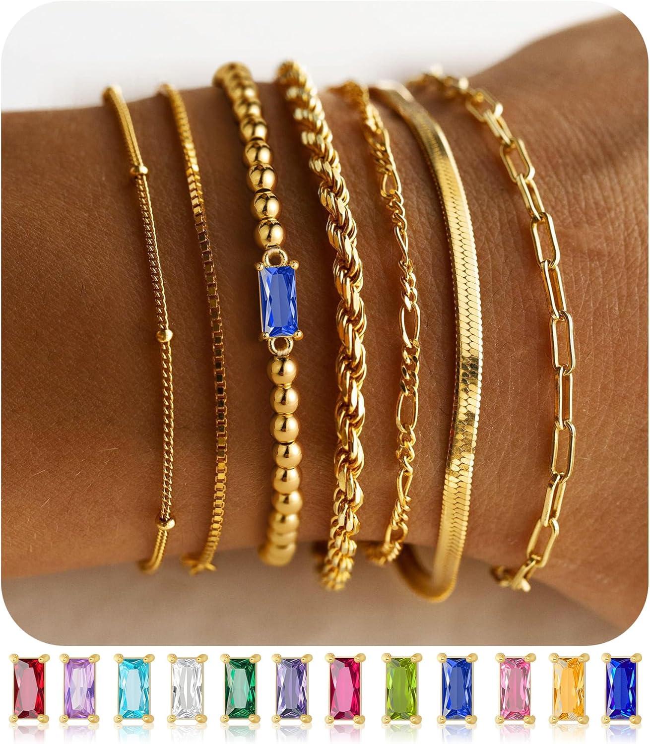 imageM MOOHAM Mothers Day Gifts Gold Birthstone Bracelets Stack for Women 14K Real Gold Plated Beaded Bracelets Rope Paperclip Chain Stackable Bracelet Non Tarnish Friendship Birthday Jewelry Gifts09SeptemberSapphire