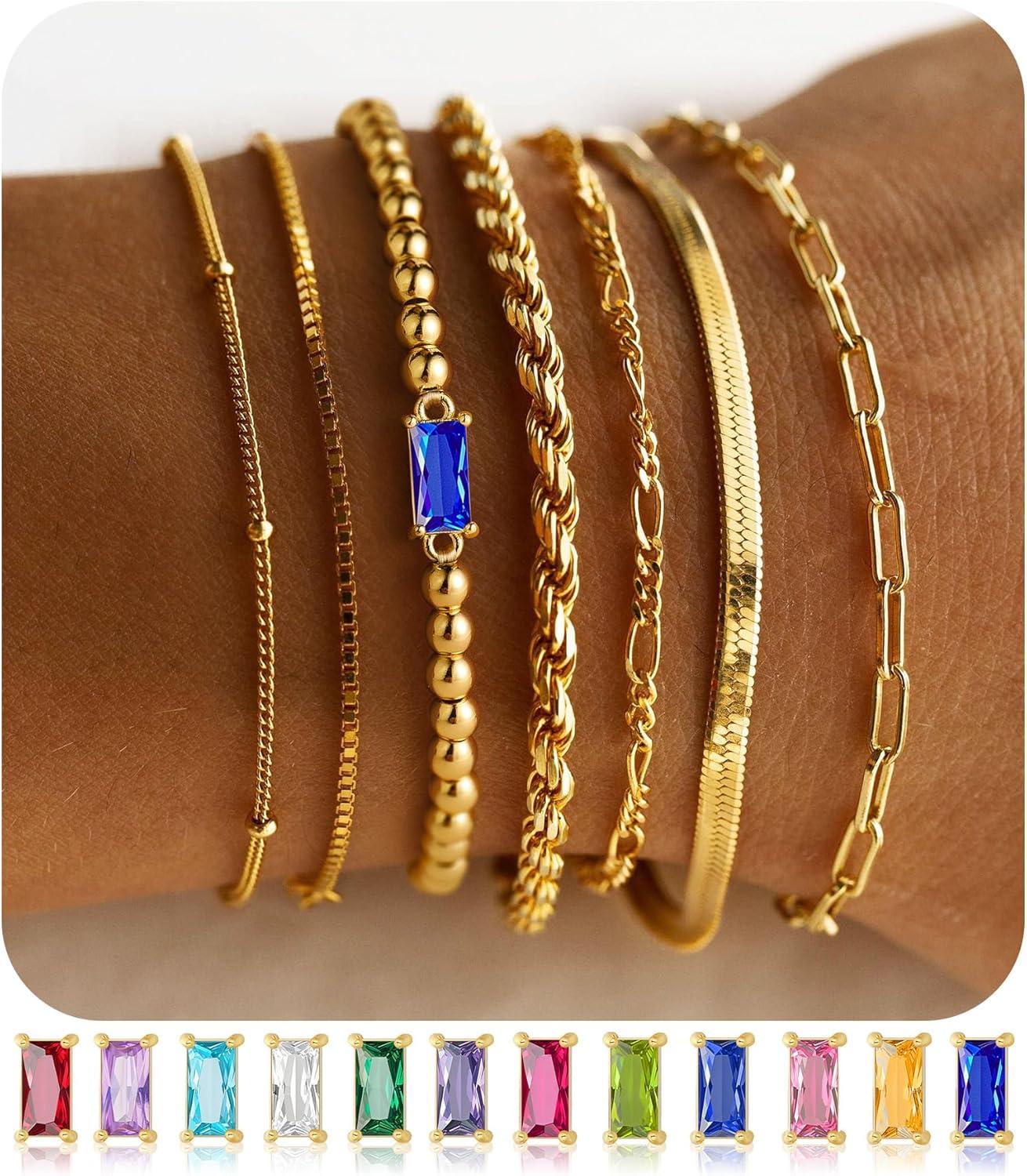 imageM MOOHAM Mothers Day Gifts Gold Birthstone Bracelets Stack for Women 14K Real Gold Plated Beaded Bracelets Rope Paperclip Chain Stackable Bracelet Non Tarnish Friendship Birthday Jewelry Gifts12DecemberTanzanite