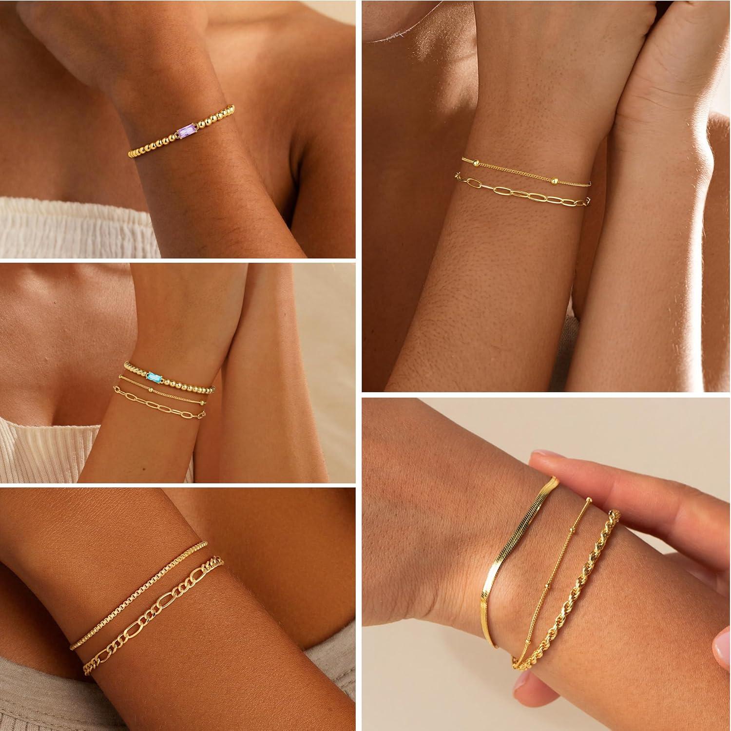 imageM MOOHAM Mothers Day Gifts Gold Birthstone Bracelets Stack for Women 14K Real Gold Plated Beaded Bracelets Rope Paperclip Chain Stackable Bracelet Non Tarnish Friendship Birthday Jewelry Gifts07JulyRuby