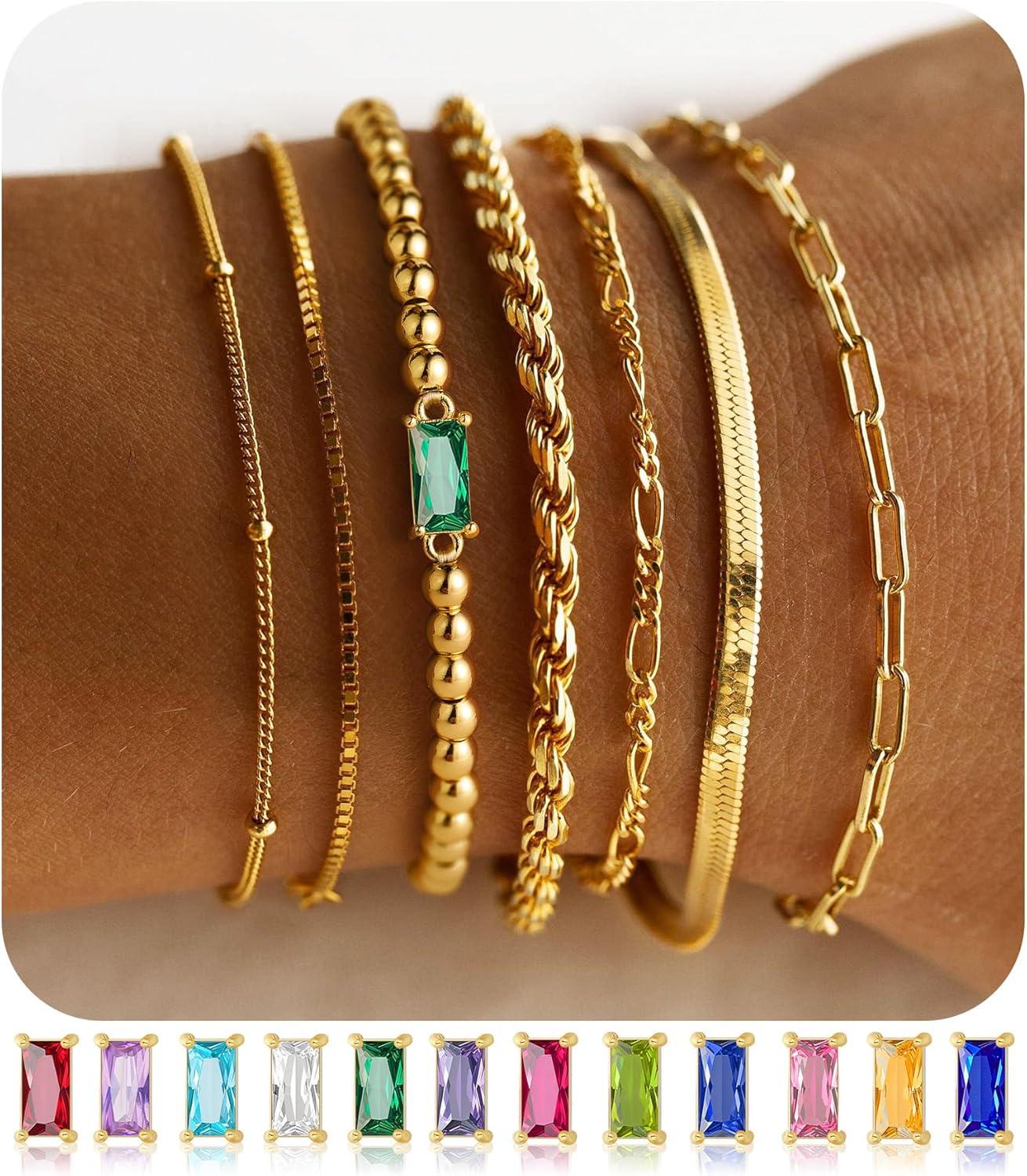 imageM MOOHAM Mothers Day Gifts Gold Birthstone Bracelets Stack for Women 14K Real Gold Plated Beaded Bracelets Rope Paperclip Chain Stackable Bracelet Non Tarnish Friendship Birthday Jewelry Gifts05MayEmerald