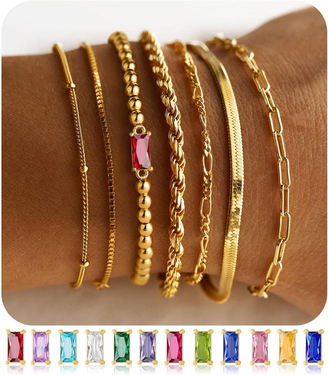 imageM MOOHAM Mothers Day Gifts Gold Birthstone Bracelets Stack for Women 14K Real Gold Plated Beaded Bracelets Rope Paperclip Chain Stackable Bracelet Non Tarnish Friendship Birthday Jewelry Gifts01JanuaryGarnet