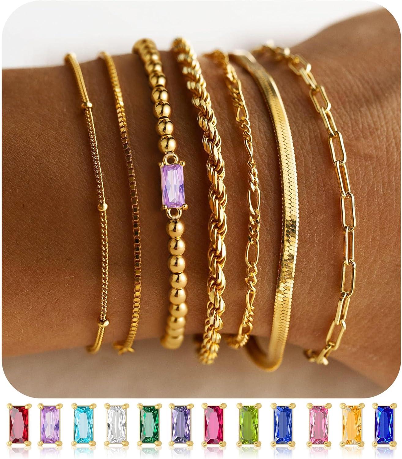 imageM MOOHAM Mothers Day Gifts Gold Birthstone Bracelets Stack for Women 14K Real Gold Plated Beaded Bracelets Rope Paperclip Chain Stackable Bracelet Non Tarnish Friendship Birthday Jewelry Gifts02FebruaryAmethyst