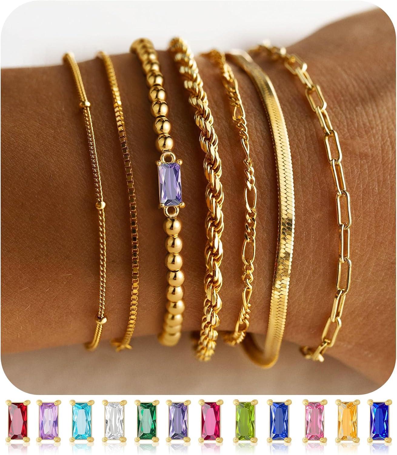 imageM MOOHAM Mothers Day Gifts Gold Birthstone Bracelets Stack for Women 14K Real Gold Plated Beaded Bracelets Rope Paperclip Chain Stackable Bracelet Non Tarnish Friendship Birthday Jewelry Gifts06JuneAlexandrite