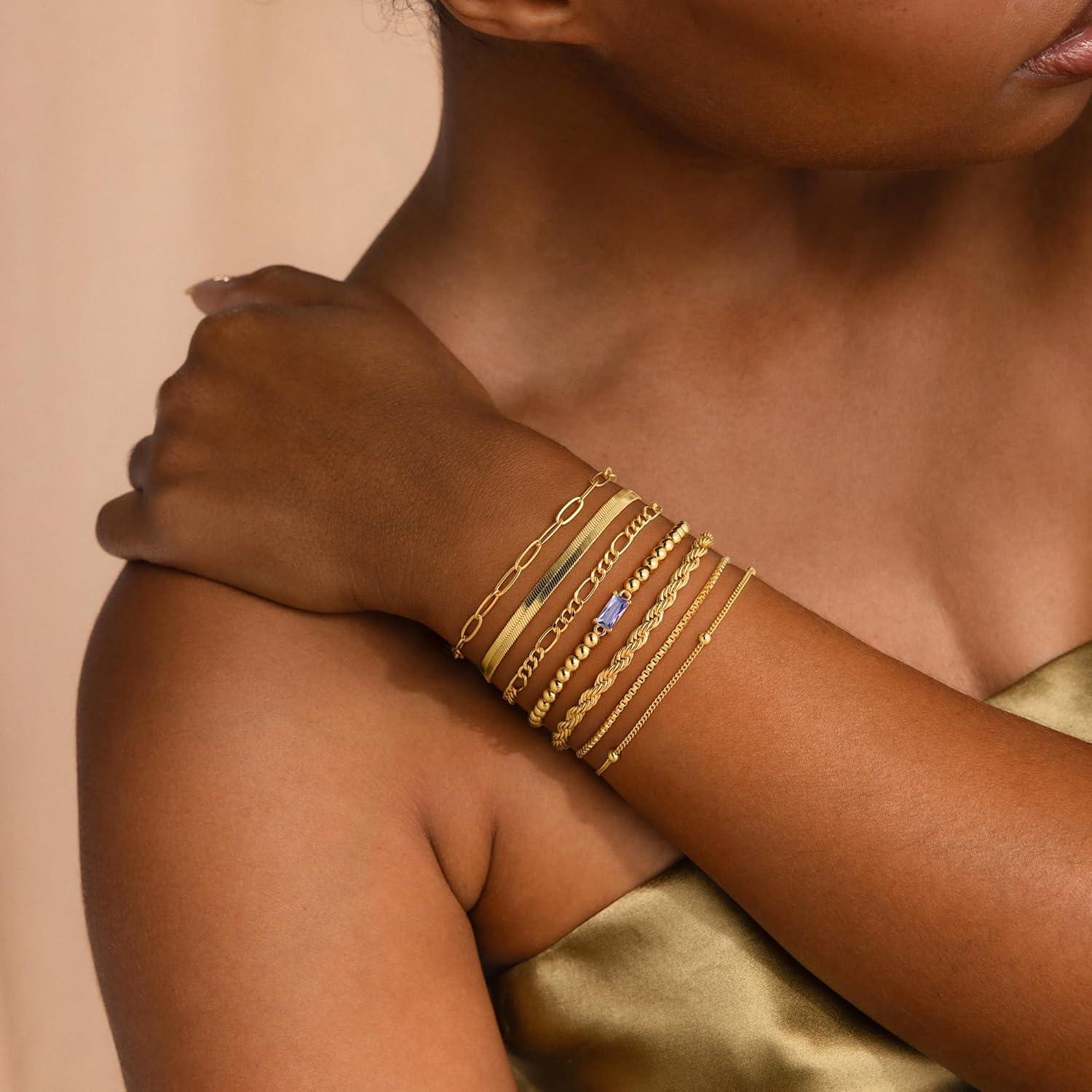 imageM MOOHAM Mothers Day Gifts Gold Birthstone Bracelets Stack for Women 14K Real Gold Plated Beaded Bracelets Rope Paperclip Chain Stackable Bracelet Non Tarnish Friendship Birthday Jewelry Gifts12DecemberTanzanite