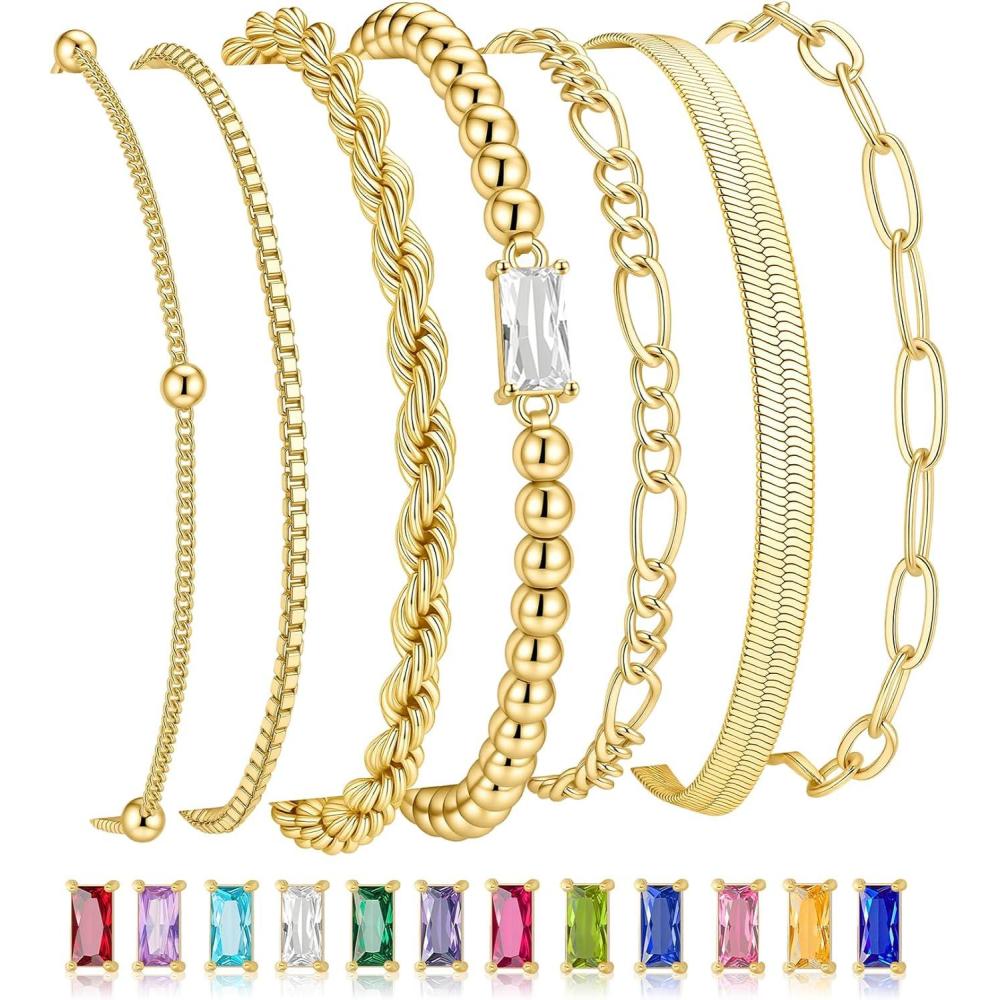 imageM MOOHAM Mothers Day Gifts Gold Birthstone Bracelets Stack for Women 14K Real Gold Plated Beaded Bracelets Rope Paperclip Chain Stackable Bracelet Non Tarnish Friendship Birthday Jewelry Gifts04AprilDiamond