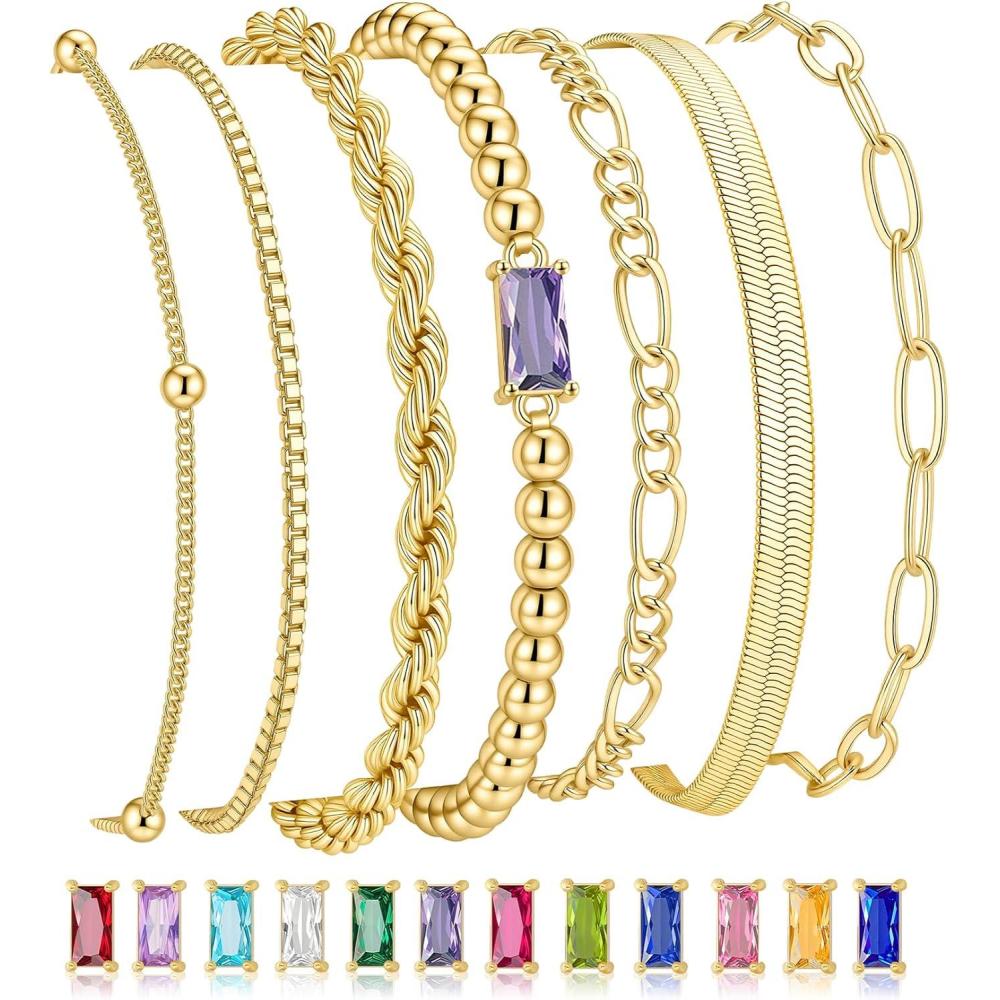 imageM MOOHAM Mothers Day Gifts Gold Birthstone Bracelets Stack for Women 14K Real Gold Plated Beaded Bracelets Rope Paperclip Chain Stackable Bracelet Non Tarnish Friendship Birthday Jewelry Gifts06JuneAlexandrite