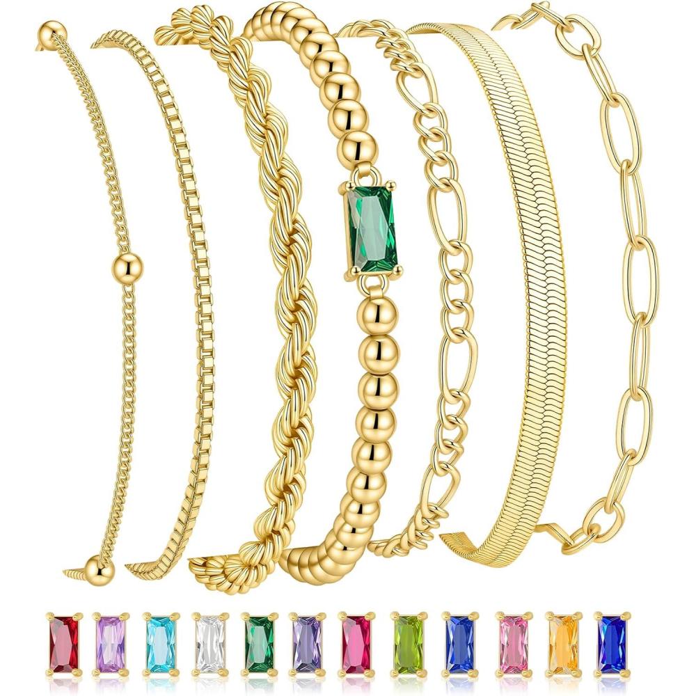imageM MOOHAM Mothers Day Gifts Gold Birthstone Bracelets Stack for Women 14K Real Gold Plated Beaded Bracelets Rope Paperclip Chain Stackable Bracelet Non Tarnish Friendship Birthday Jewelry Gifts05MayEmerald