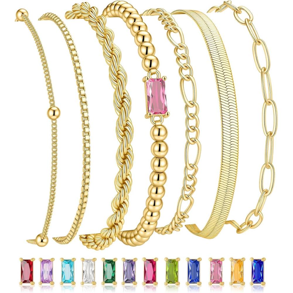 imageM MOOHAM Mothers Day Gifts Gold Birthstone Bracelets Stack for Women 14K Real Gold Plated Beaded Bracelets Rope Paperclip Chain Stackable Bracelet Non Tarnish Friendship Birthday Jewelry Gifts10OctoberTourmaline