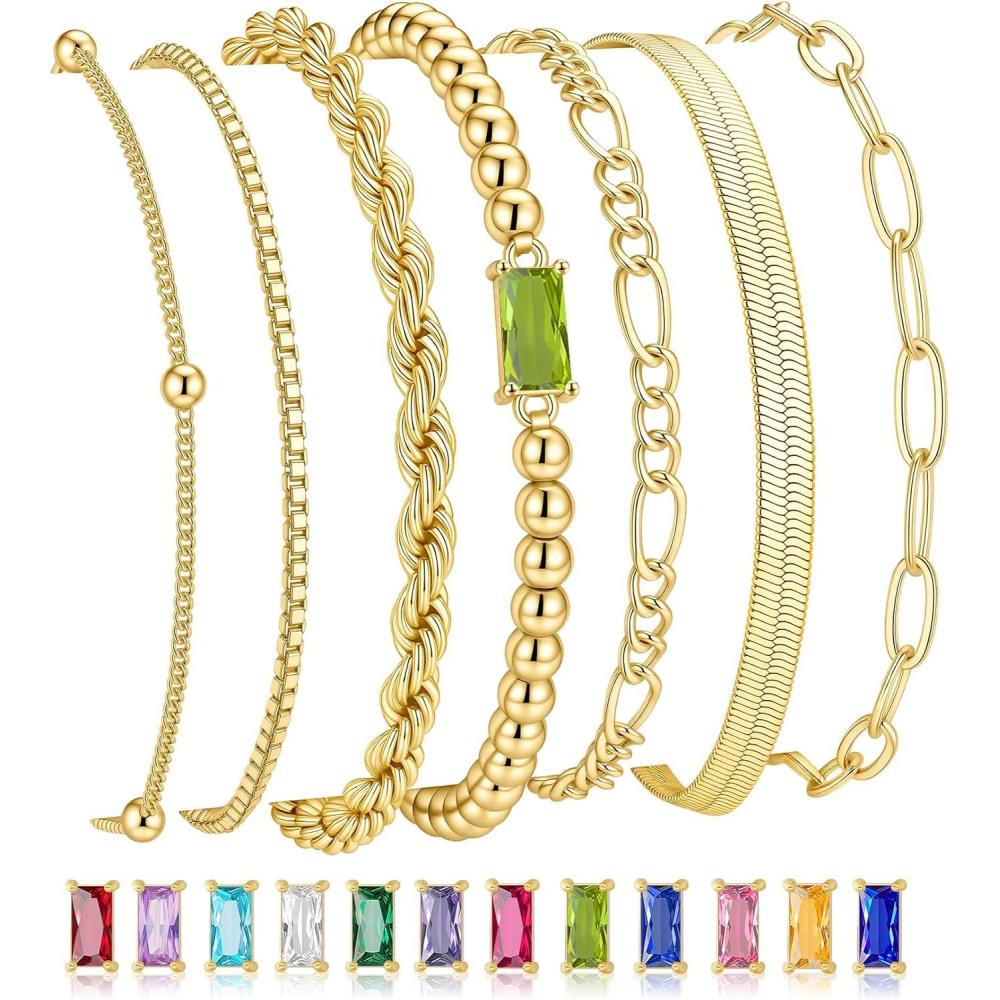 imageM MOOHAM Mothers Day Gifts Gold Birthstone Bracelets Stack for Women 14K Real Gold Plated Beaded Bracelets Rope Paperclip Chain Stackable Bracelet Non Tarnish Friendship Birthday Jewelry Gifts08AugustPeridot
