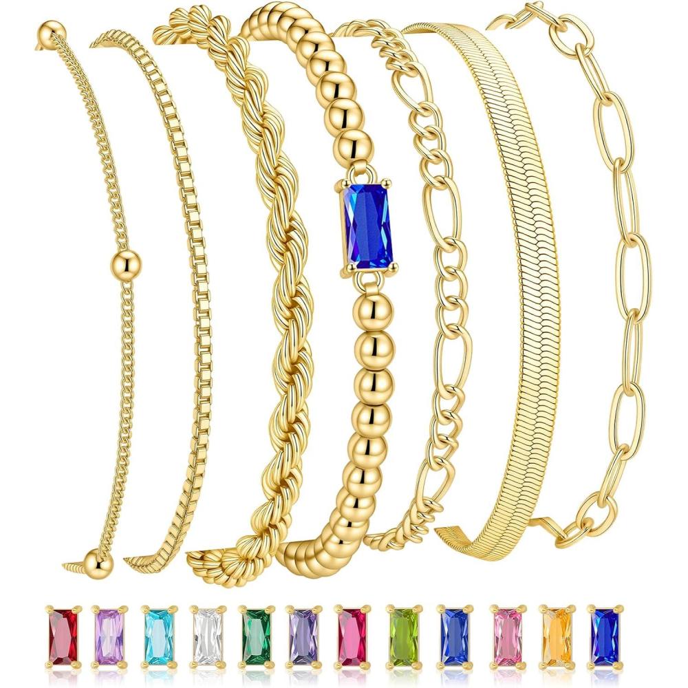 imageM MOOHAM Mothers Day Gifts Gold Birthstone Bracelets Stack for Women 14K Real Gold Plated Beaded Bracelets Rope Paperclip Chain Stackable Bracelet Non Tarnish Friendship Birthday Jewelry Gifts12DecemberTanzanite