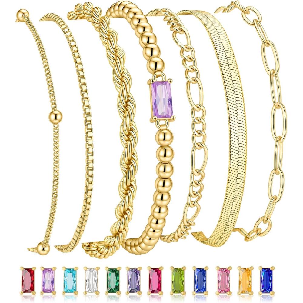 imageM MOOHAM Mothers Day Gifts Gold Birthstone Bracelets Stack for Women 14K Real Gold Plated Beaded Bracelets Rope Paperclip Chain Stackable Bracelet Non Tarnish Friendship Birthday Jewelry Gifts02FebruaryAmethyst
