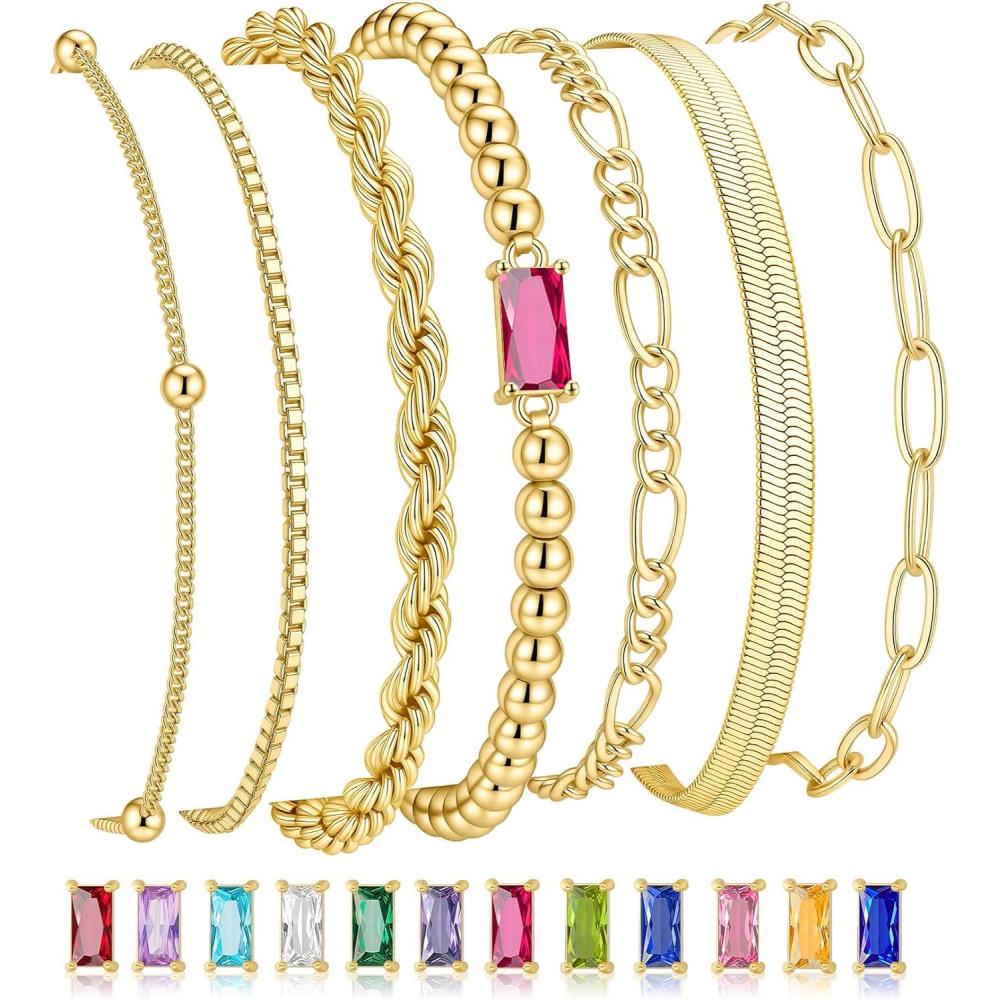 imageM MOOHAM Mothers Day Gifts Gold Birthstone Bracelets Stack for Women 14K Real Gold Plated Beaded Bracelets Rope Paperclip Chain Stackable Bracelet Non Tarnish Friendship Birthday Jewelry Gifts07JulyRuby