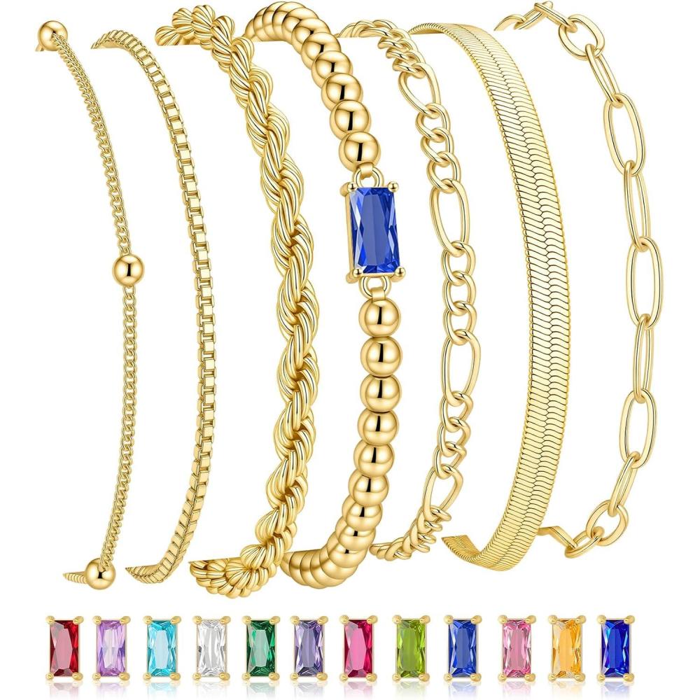 imageM MOOHAM Mothers Day Gifts Gold Birthstone Bracelets Stack for Women 14K Real Gold Plated Beaded Bracelets Rope Paperclip Chain Stackable Bracelet Non Tarnish Friendship Birthday Jewelry Gifts09SeptemberSapphire