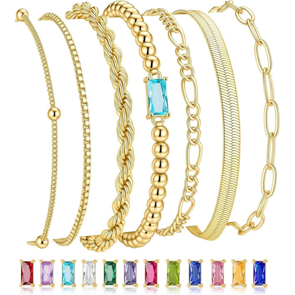 imageM MOOHAM Mothers Day Gifts Gold Birthstone Bracelets Stack for Women 14K Real Gold Plated Beaded Bracelets Rope Paperclip Chain Stackable Bracelet Non Tarnish Friendship Birthday Jewelry Gifts03MarchAquamarine