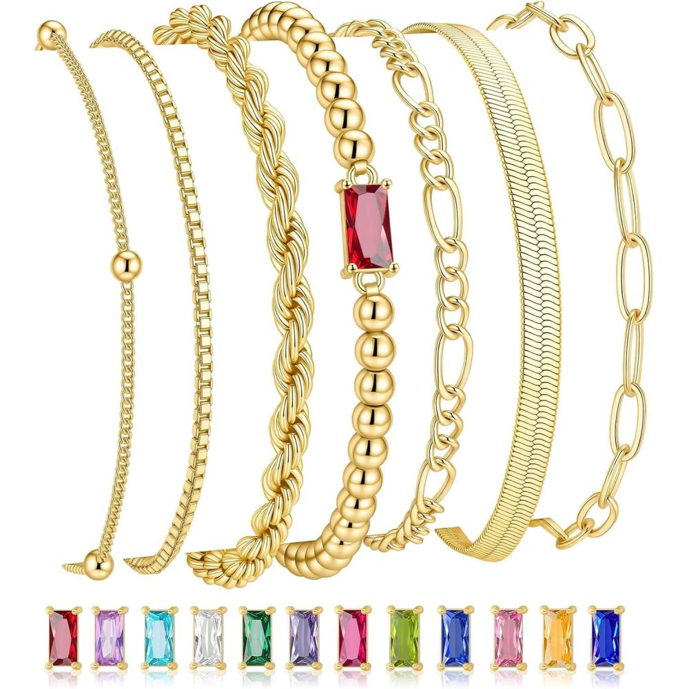 imageM MOOHAM Mothers Day Gifts Gold Birthstone Bracelets Stack for Women 14K Real Gold Plated Beaded Bracelets Rope Paperclip Chain Stackable Bracelet Non Tarnish Friendship Birthday Jewelry Gifts01JanuaryGarnet