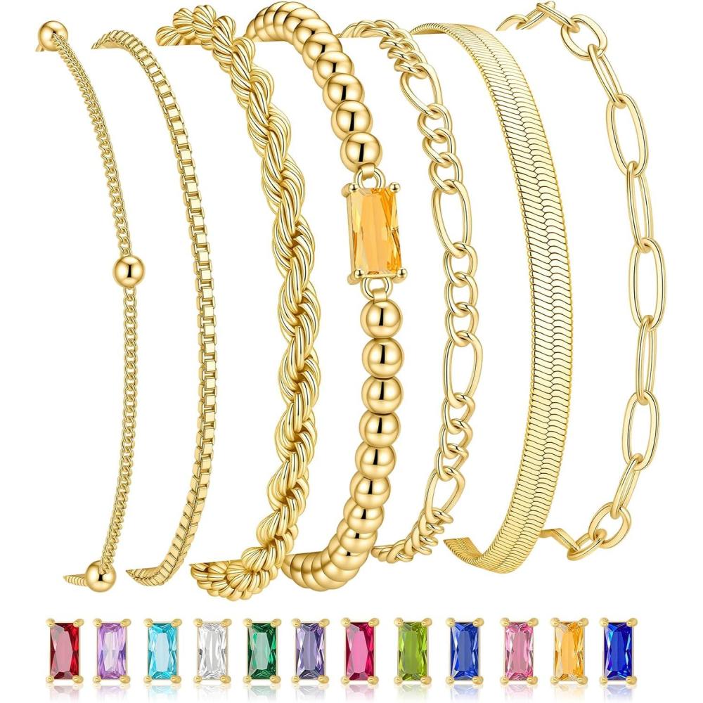 imageM MOOHAM Mothers Day Gifts Gold Birthstone Bracelets Stack for Women 14K Real Gold Plated Beaded Bracelets Rope Paperclip Chain Stackable Bracelet Non Tarnish Friendship Birthday Jewelry Gifts11NovemberCitrine