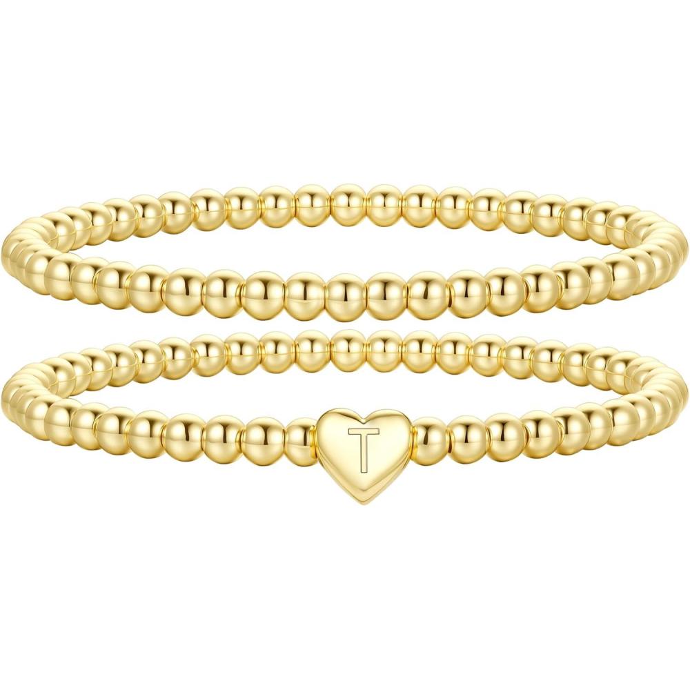 imageM MOOHAM Mothers Day Gifts Initial Bracelets Gold Beaded Bracelets for Women Girls 14K Gold Plated Bracelet for Women Trendy Letter AZ Dainty Heart Bracelet Personalized Jewelry GiftsT