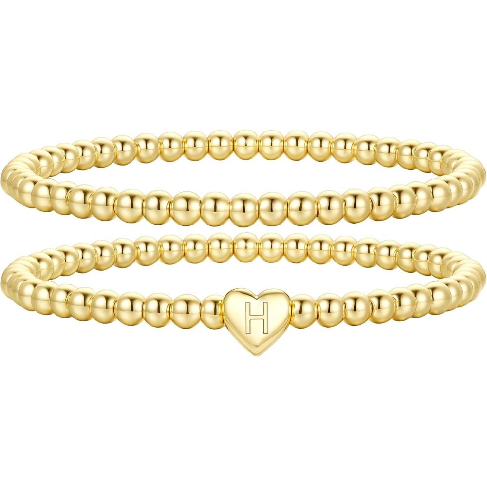 imageM MOOHAM Mothers Day Gifts  Initial Bracelets Gold Beaded Bracelets for Women Girls 14K Gold Plated Bracelet for Women Trendy Letter AZ Dainty Heart Bracelet Personalized Jewelry GiftsH
