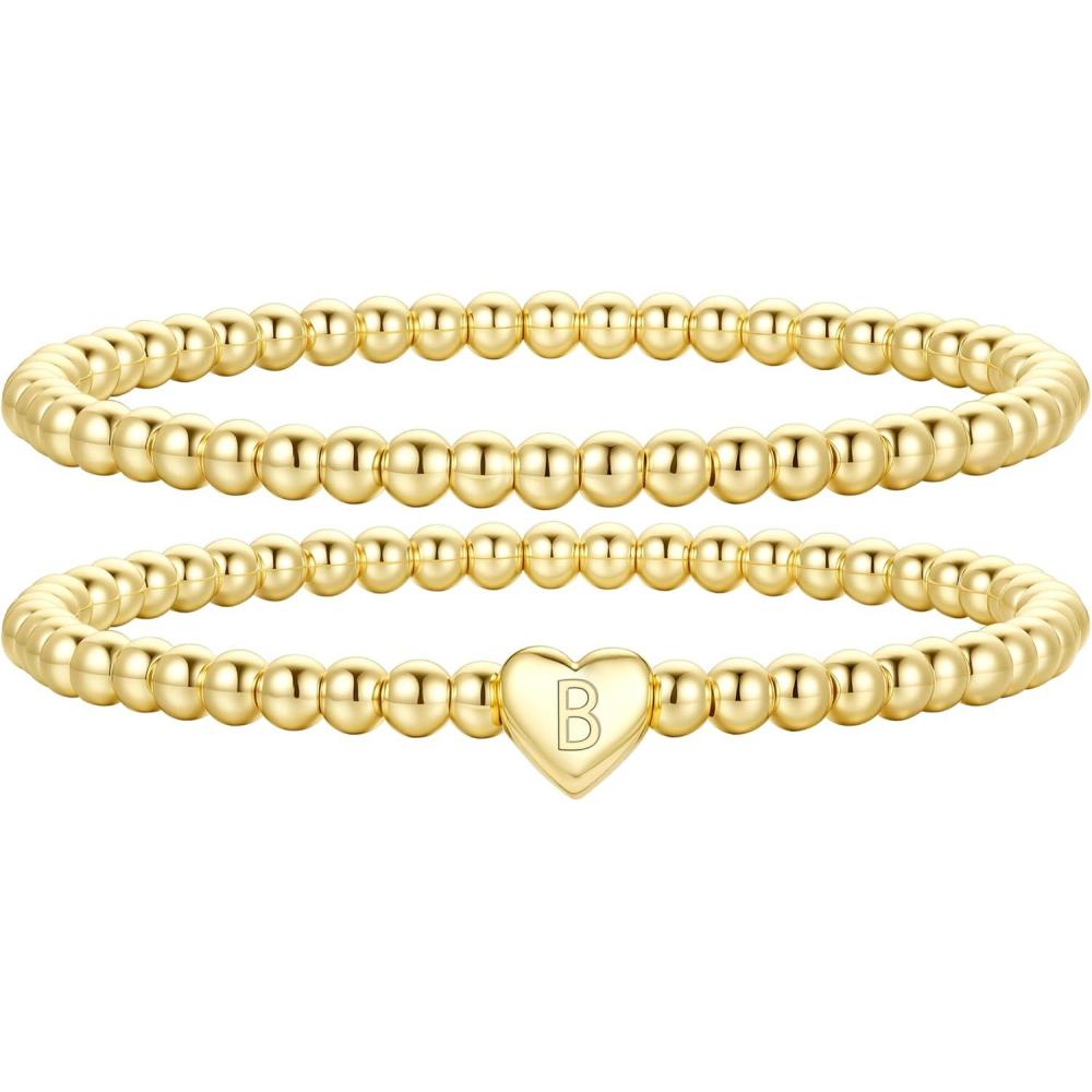 imageM MOOHAM Mothers Day Gifts  Initial Bracelets Gold Beaded Bracelets for Women Girls 14K Gold Plated Bracelet for Women Trendy Letter AZ Dainty Heart Bracelet Personalized Jewelry GiftsB