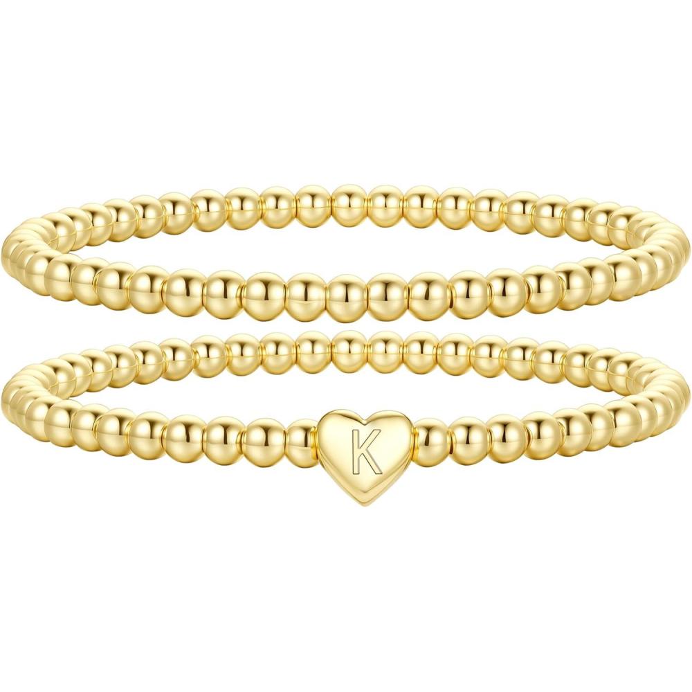 imageM MOOHAM Mothers Day Gifts  Initial Bracelets Gold Beaded Bracelets for Women Girls 14K Gold Plated Bracelet for Women Trendy Letter AZ Dainty Heart Bracelet Personalized Jewelry GiftsK