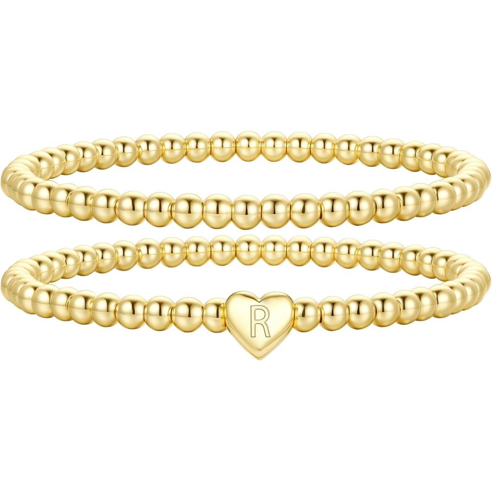 imageM MOOHAM Mothers Day Gifts  Initial Bracelets Gold Beaded Bracelets for Women Girls 14K Gold Plated Bracelet for Women Trendy Letter AZ Dainty Heart Bracelet Personalized Jewelry GiftsR