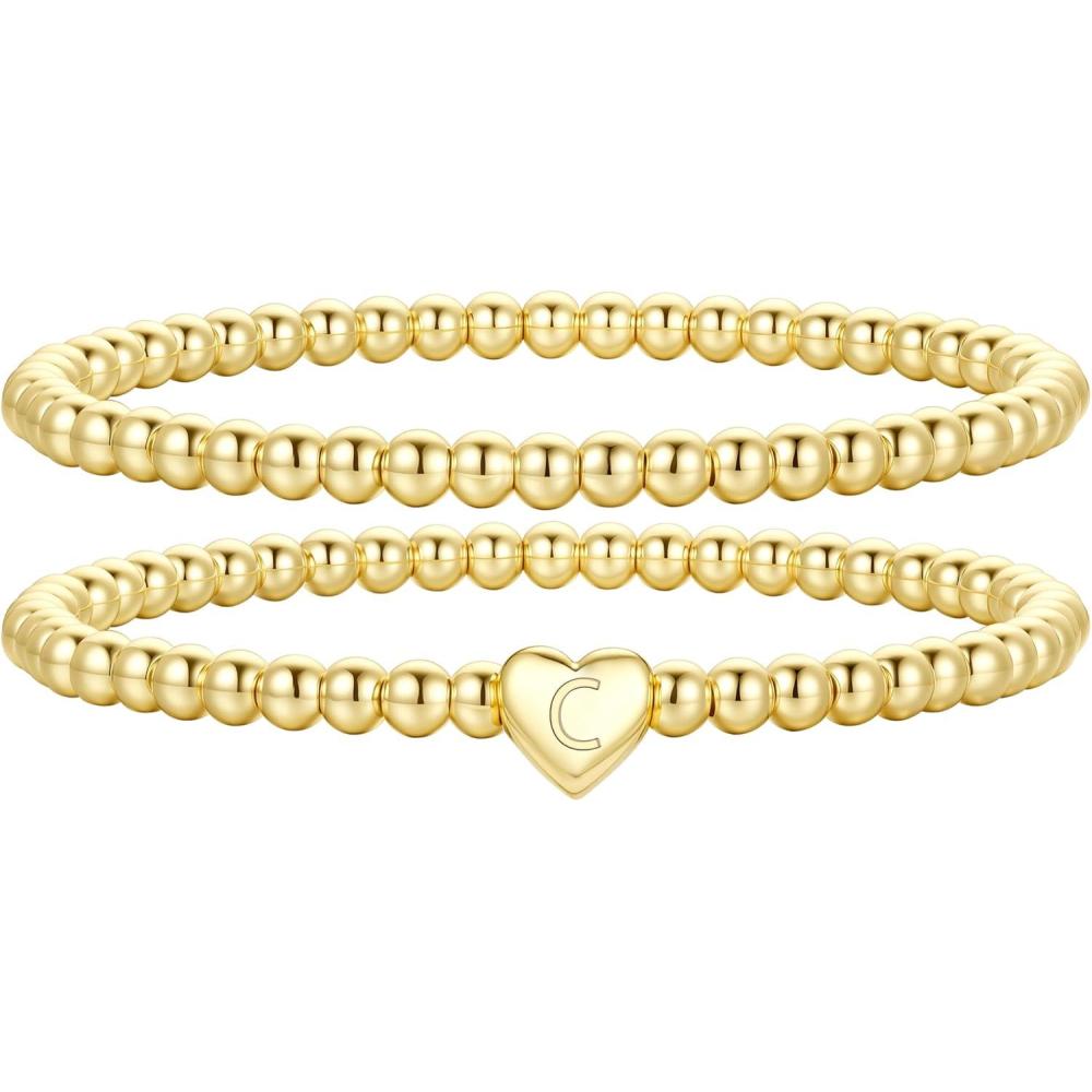 imageM MOOHAM Mothers Day Gifts  Initial Bracelets Gold Beaded Bracelets for Women Girls 14K Gold Plated Bracelet for Women Trendy Letter AZ Dainty Heart Bracelet Personalized Jewelry GiftsC