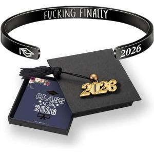 M MOOHAM Graduation Gifts for Women Her Him 2026, Inspirational Graduation Bracelets Class of 2026 High School College Graduation Gifts for Women Her with Graduation Box(With Box-Fu@king finally(Black))