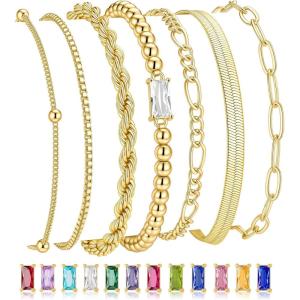 M MOOHAM Mothers Day Gifts – Gold Birthstone Bracelets Stack for Women – 14K Real Gold Plated Beaded Bracelets Rope Paperclip Chain Stackable Bracelet Non Tarnish, Friendship Birthday Jewelry Gifts(04.April(Diamond))
