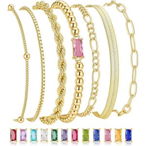 M MOOHAM Mothers Day Gifts – Gold Birthstone Bracelets Stack for Women – 14K Real Gold Plated Beaded Bracelets Rope Paperclip Chain Stackable Bracelet Non Tarnish, Friendship Birthday Jewelry Gifts(10.October(Tourmaline))
