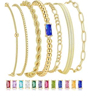 M MOOHAM Mothers Day Gifts – Gold Birthstone Bracelets Stack for Women – 14K Real Gold Plated Beaded Bracelets Rope Paperclip Chain Stackable Bracelet Non Tarnish, Friendship Birthday Jewelry Gifts(12.December(Tanzanite))
