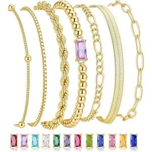 M MOOHAM Mothers Day Gifts – Gold Birthstone Bracelets Stack for Women – 14K Real Gold Plated Beaded Bracelets Rope Paperclip Chain Stackable Bracelet Non Tarnish, Friendship Birthday Jewelry Gifts(02.February(Amethyst))