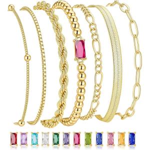 M MOOHAM Mothers Day Gifts – Gold Birthstone Bracelets Stack for Women – 14K Real Gold Plated Beaded Bracelets Rope Paperclip Chain Stackable Bracelet Non Tarnish, Friendship Birthday Jewelry Gifts(07.July(Ruby))
