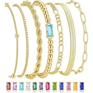 M MOOHAM Mothers Day Gifts – Gold Birthstone Bracelets Stack for Women – 14K Real Gold Plated Beaded Bracelets Rope Paperclip Chain Stackable Bracelet Non Tarnish, Friendship Birthday Jewelry Gifts(03.March(Aquamarine))