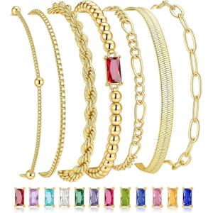 M MOOHAM Mothers Day Gifts – Gold Birthstone Bracelets Stack for Women – 14K Real Gold Plated Beaded Bracelets Rope Paperclip Chain Stackable Bracelet Non Tarnish, Friendship Birthday Jewelry Gifts(01.January(Garnet))