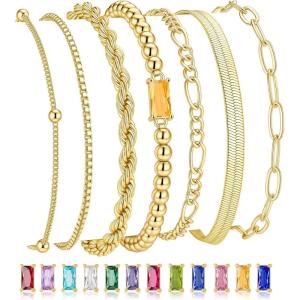 M MOOHAM Mothers Day Gifts – Gold Birthstone Bracelets Stack for Women – 14K Real Gold Plated Beaded Bracelets Rope Paperclip Chain Stackable Bracelet Non Tarnish, Friendship Birthday Jewelry Gifts(11.November(Citrine))