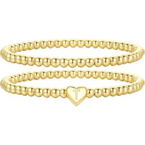M MOOHAM Mothers Day Gifts – Initial Bracelets, Gold Beaded Bracelets for Women Girls, 14K Gold Plated Bracelet for Women Trendy Letter A-Z Dainty Heart Bracelet, Personalized Jewelry Gifts(T)