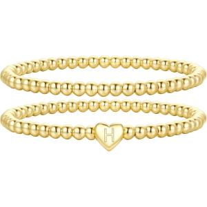 M MOOHAM Mothers Day Gifts – Initial Bracelets, Gold Beaded Bracelets for Women Girls, 14K Gold Plated Bracelet for Women Trendy Letter A-Z Dainty Heart Bracelet, Personalized Jewelry Gifts(H)