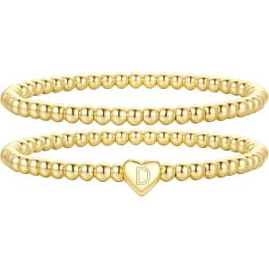 M MOOHAM Mothers Day Gifts – Initial Bracelets, Gold Beaded Bracelets for Women Girls, 14K Gold Plated Bracelet for Women Trendy Letter A-Z Dainty Heart Bracelet, Personalized Jewelry Gifts(D)