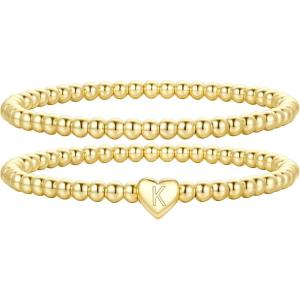 M MOOHAM Mothers Day Gifts – Initial Bracelets, Gold Beaded Bracelets for Women Girls, 14K Gold Plated Bracelet for Women Trendy Letter A-Z Dainty Heart Bracelet, Personalized Jewelry Gifts(K)
