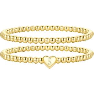 M MOOHAM Mothers Day Gifts – Initial Bracelets, Gold Beaded Bracelets for Women Girls, 14K Gold Plated Bracelet for Women Trendy Letter A-Z Dainty Heart Bracelet, Personalized Jewelry Gifts(S)