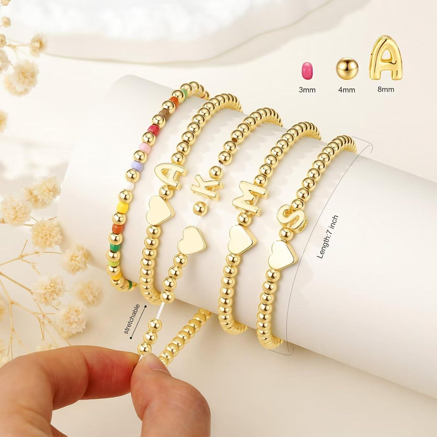 imageM MOOHAM Initial Bracelet 14k Gold Plated Heart Initial Letter AZ Beaded Bracelets for Women Trendy Dainty 2PCS Colorful Stretch Beaded Bracelet Jewelry Personalized Birthday Gifts for WomenR