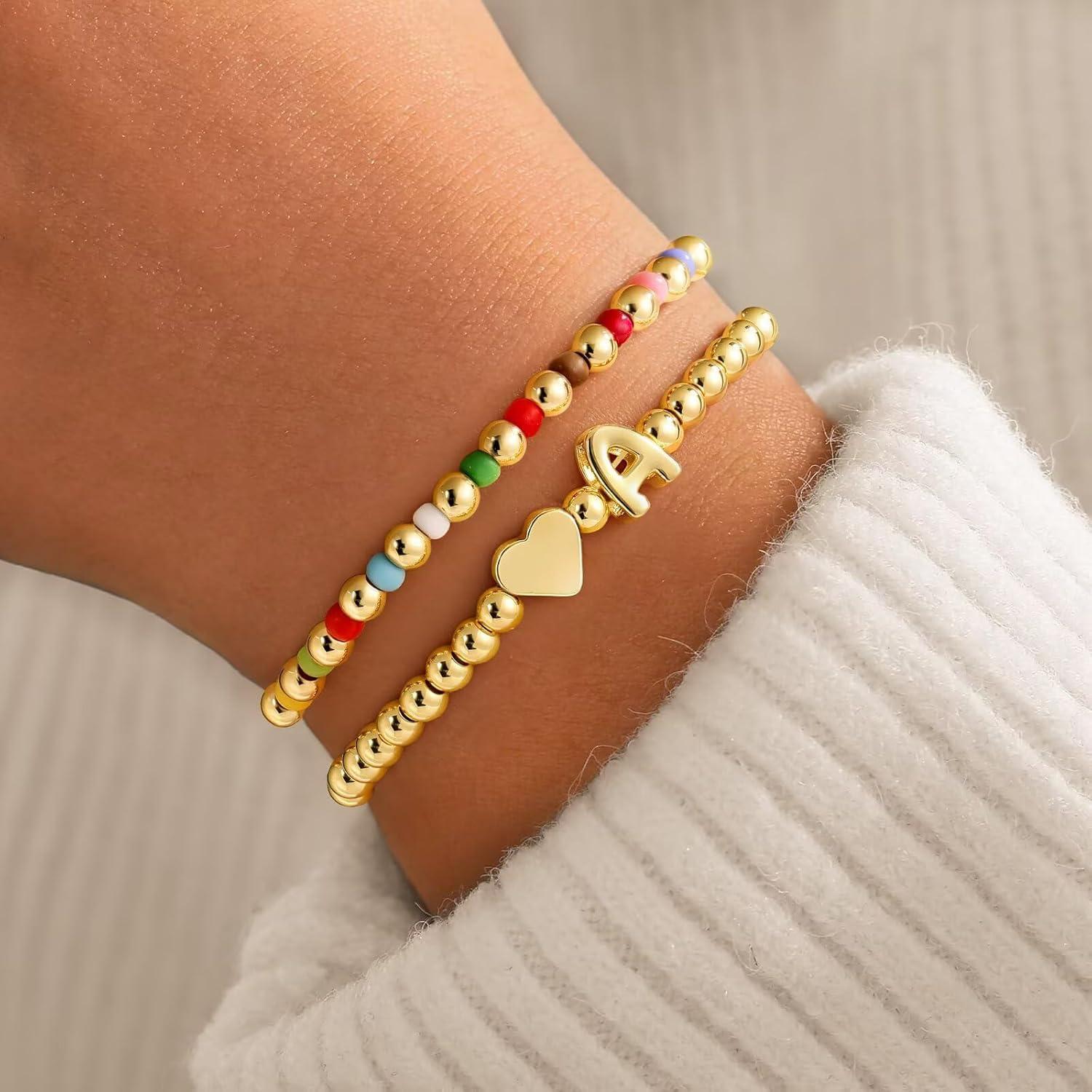 imageM MOOHAM Initial Bracelet 14k Gold Plated Heart Initial Letter AZ Beaded Bracelets for Women Trendy Dainty 2PCS Colorful Stretch Beaded Bracelet Jewelry Personalized Birthday Gifts for WomenC