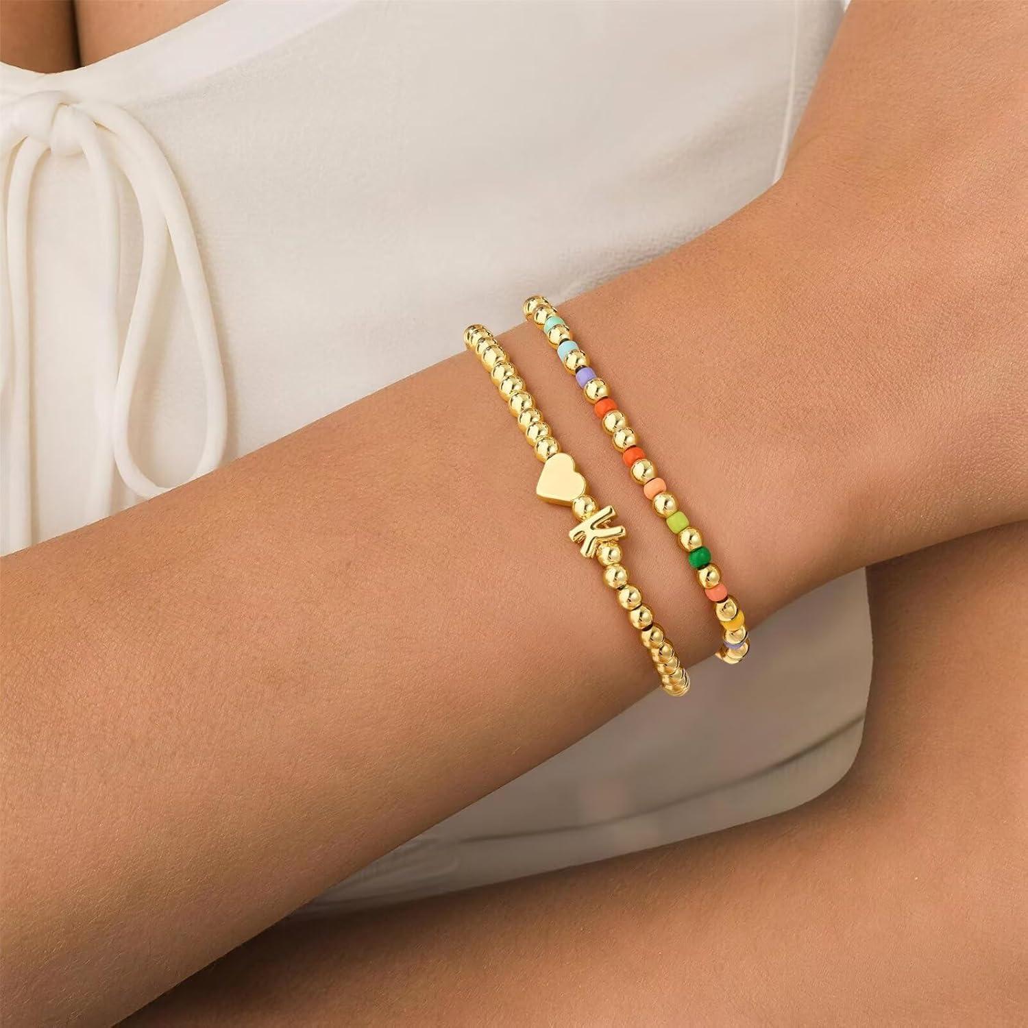 imageM MOOHAM Initial Bracelet 14k Gold Plated Heart Initial Letter AZ Beaded Bracelets for Women Trendy Dainty 2PCS Colorful Stretch Beaded Bracelet Jewelry Personalized Birthday Gifts for WomenD