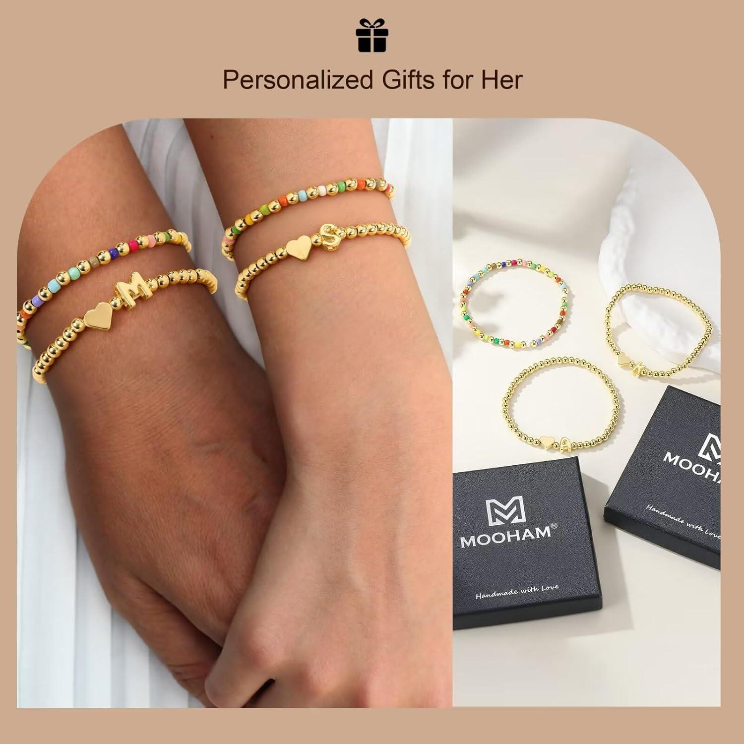 imageM MOOHAM Initial Bracelet 14k Gold Plated Heart Initial Letter AZ Beaded Bracelets for Women Trendy Dainty 2PCS Colorful Stretch Beaded Bracelet Jewelry Personalized Birthday Gifts for WomenA