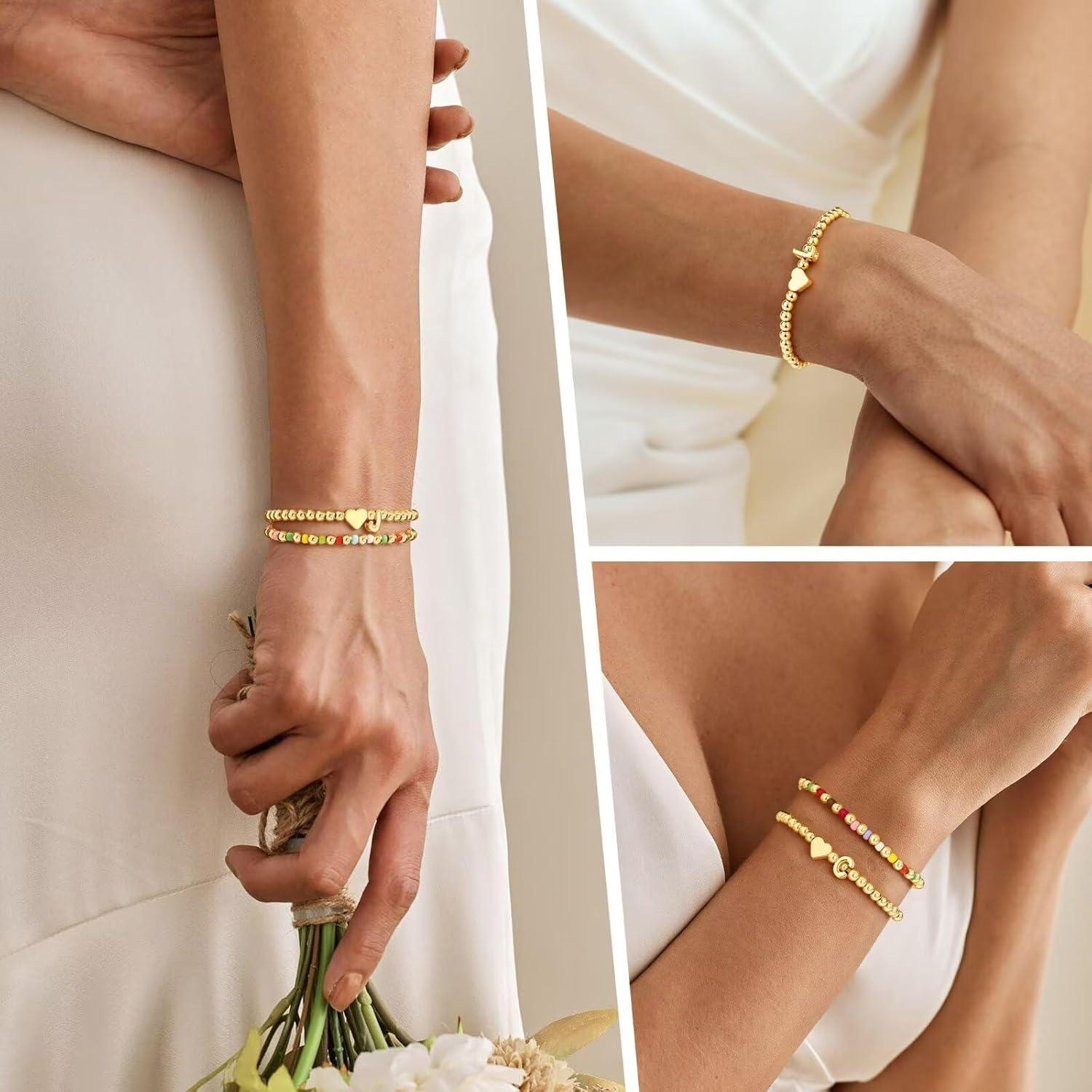 imageM MOOHAM Initial Bracelet 14k Gold Plated Heart Initial Letter AZ Beaded Bracelets for Women Trendy Dainty 2PCS Colorful Stretch Beaded Bracelet Jewelry Personalized Birthday Gifts for WomenS