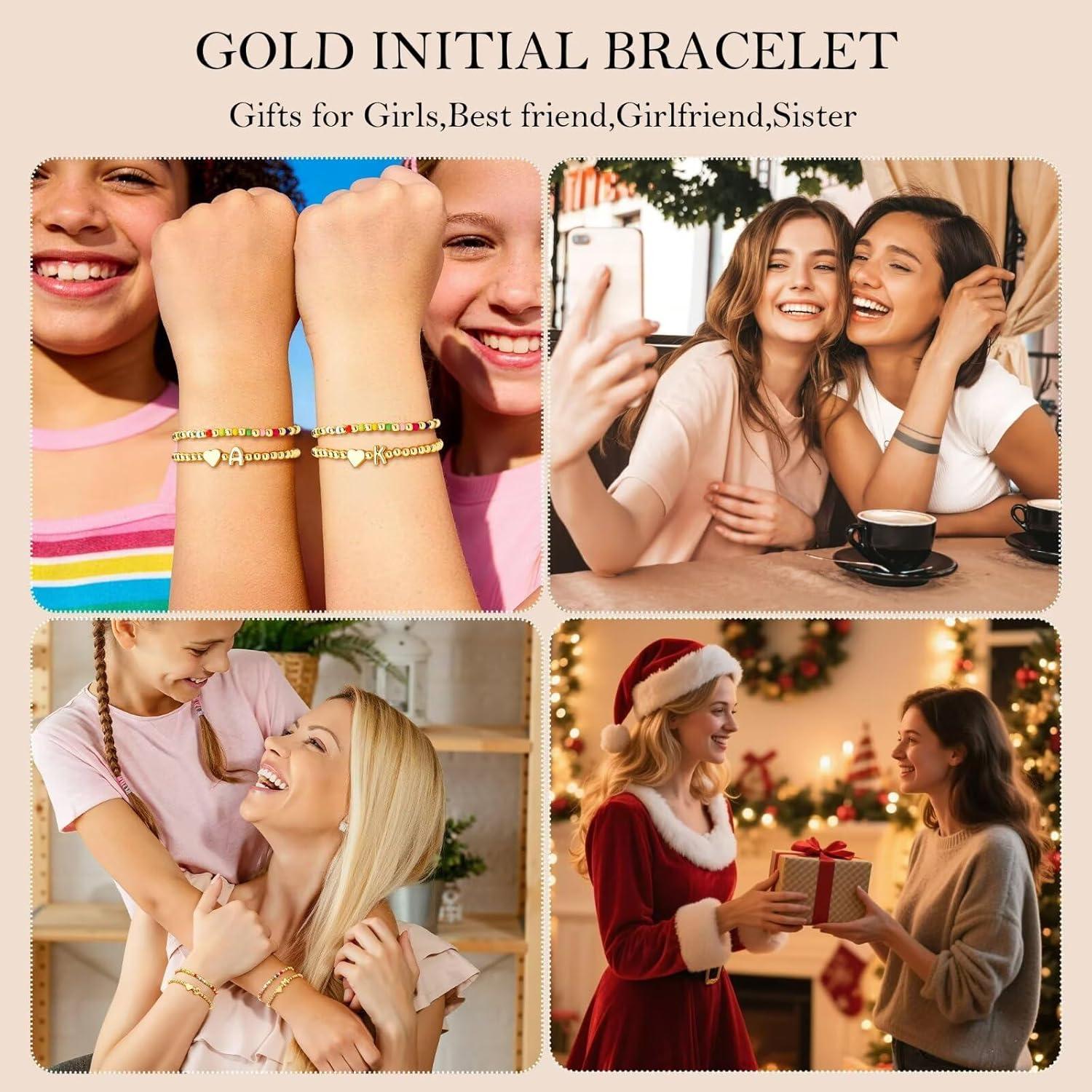 imageM MOOHAM Initial Bracelet 14k Gold Plated Heart Initial Letter AZ Beaded Bracelets for Women Trendy Dainty 2PCS Colorful Stretch Beaded Bracelet Jewelry Personalized Birthday Gifts for WomenA