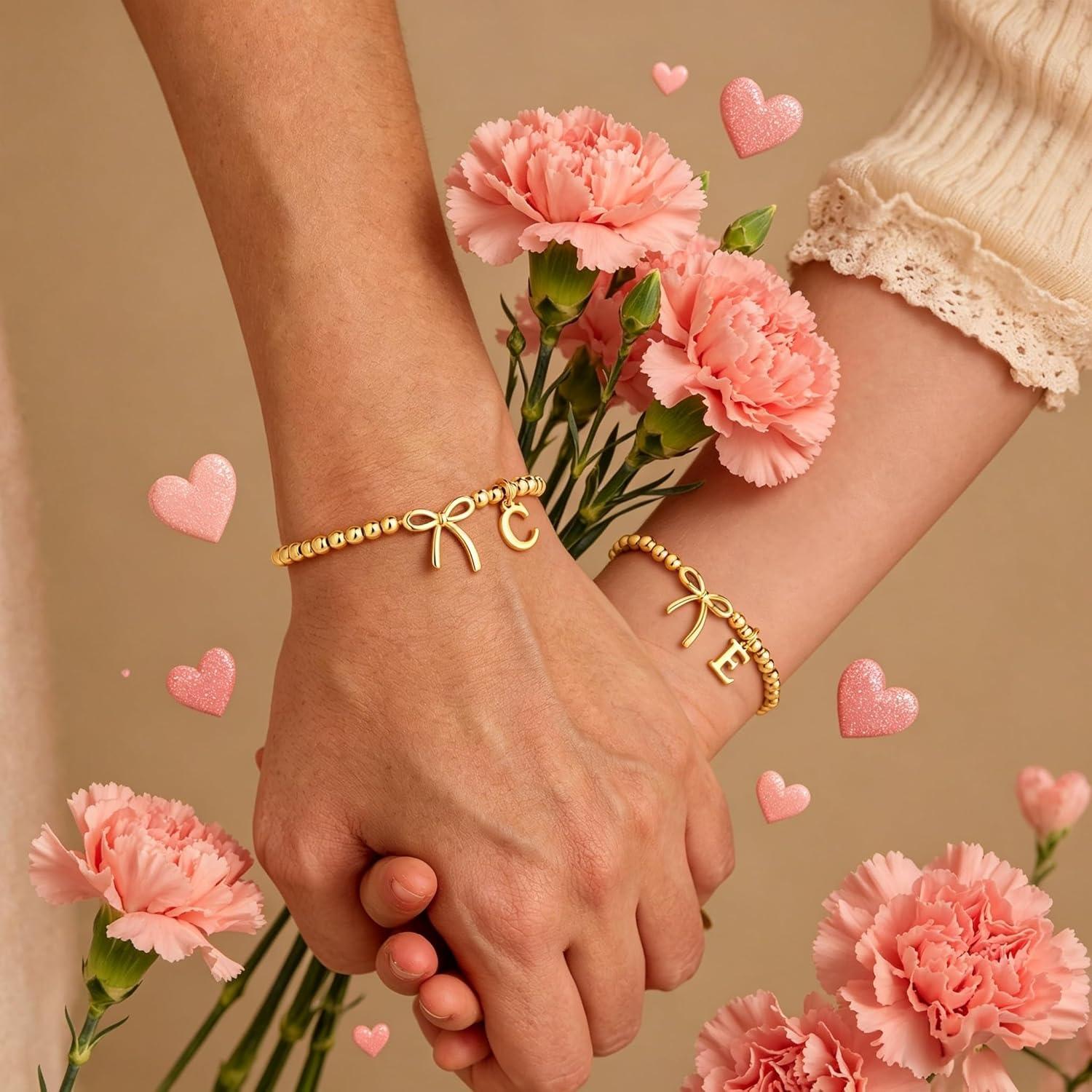 imageM MOOHAM Mothers Day Gifts Initial Bow Bracelets 14K Gold Plated Letter AZ Beaded Bracelet for Teen Girls Charm Stretch Initial Bracelets Women Dainty Bow Jewelry Personalized Birthday GiftsK